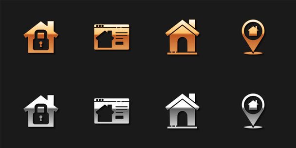 Huis onder bescherming, Online vastgoed huis, en locatie met pictogram. Vector. - Vector, afbeelding
