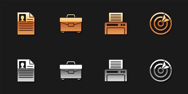 Zet Hervatten, Briefcase, Printer en Target sport icoon. Vector. - Vector, afbeelding