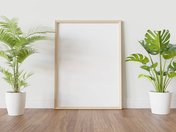 Dřevěný rám opřený o podlahu v interiéru s rostlinami. Šablona obrázku zarámovaného na stěně 3D vykreslování - Fotografie, Obrázek