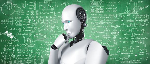 Pensando AI robô humanoide analisando tela de fórmula matemática e ciência - Foto, Imagem