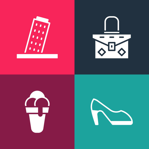 Set pop art Woman shoe, Ice cream, Handbag and Tower in Pisa icon. Vector. - Vector, Image