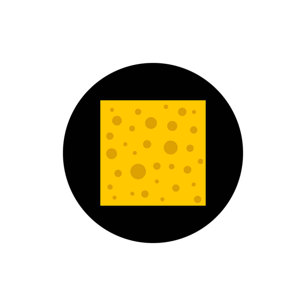 Ένα τετράγωνο κίτρινο κομμάτι τυρί με τρύπες σε μια στρογγυλή μαύρη εικόνα. Εικονογράφηση διανύσματος. Κλίμακα και σχέδιο. - Διάνυσμα, εικόνα
