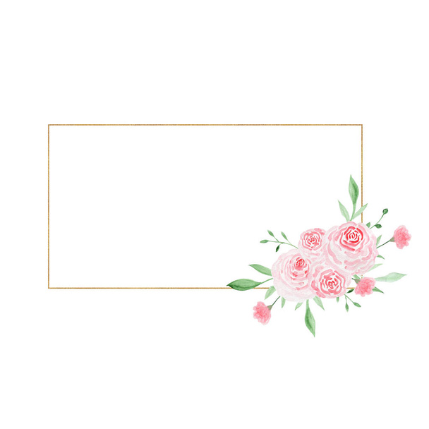 Gold geometric frame with roses. Watercolor illustration. Decorative watercolor flowers. Compositions floral illustration. - Photo, image
