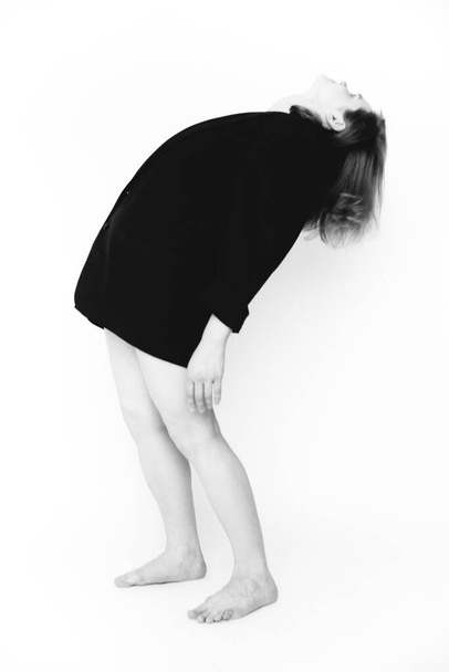 Fashion art studio black and white portrait of beautiful girl  - Фото, изображение