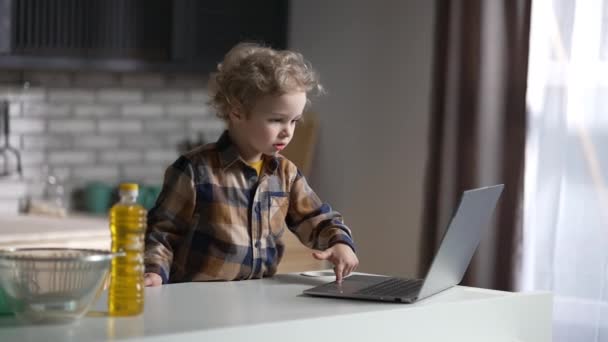 charmanter kleiner Junge benutzt zu Hause einen modernen Laptop, steht am Wochenende allein in der Küche und schaut sich Cartoons an - Filmmaterial, Video