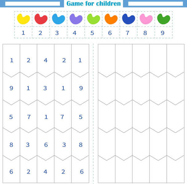 Worksheet for children. Color the empty shapes by number and color. Development of attention - Vector, Image
