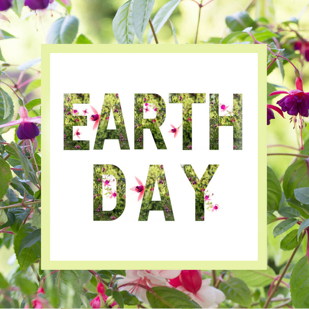 Concepto del Día Mundial de la Tierra. Letras Día de la Tierra con plantas y flores maravillosas - Foto, imagen