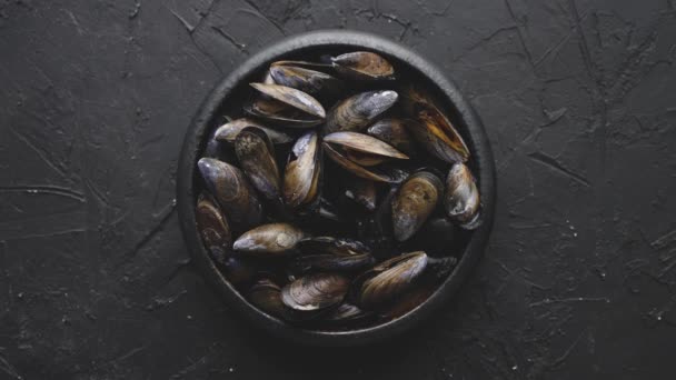 Fresh and raw sea mussels in black ceramic bowl placed on dark stone background - Footage, Video