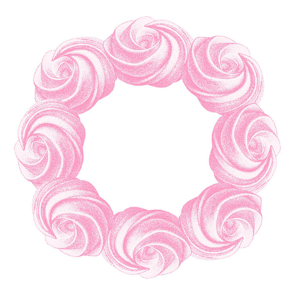 Cornice rotonda di rosa arioso francese meringhe rotei, marshmallow, zephyr. Vettore in stile grafico vintage retrò. dolcezza, dolce torta, dolce. - Vettoriali, immagini