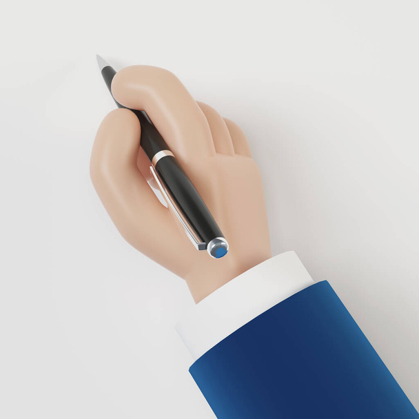 Ein Mann unterschreibt ein Dokument, eine Vereinbarung. Vertragsunterzeichnung. Hand hält einen Stift. 3D Illustration im Cartoon-Stil. - Foto, Bild