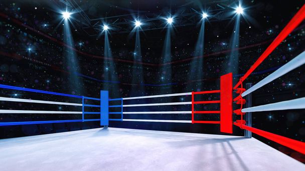 In the boxing and fighting ring. Interior view of sport arena with fans and shining spotlights. Digital sport 3D illustration. - Photo, Image