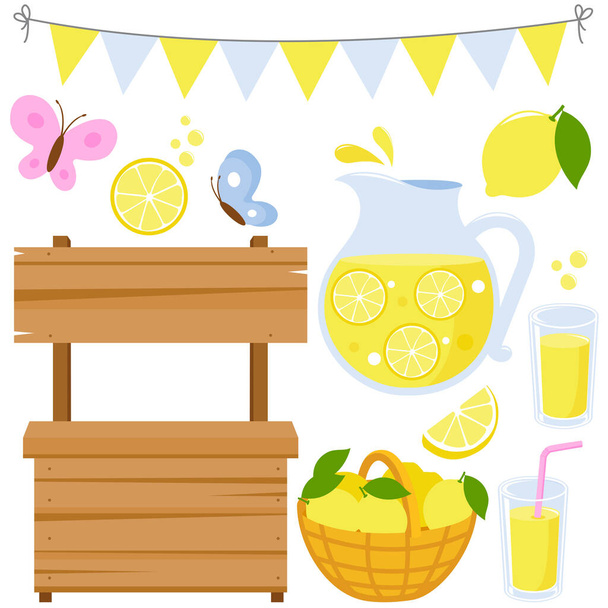 Lemonade stand and fresh lemon juice in pitcher and glasses. Vector illustration collection - Wektor, obraz