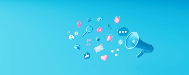 Concepto de marketing y promoción digital en redes sociales con varios iconos sobre fondo azul. Ilustración 3d render 3d - Foto, imagen