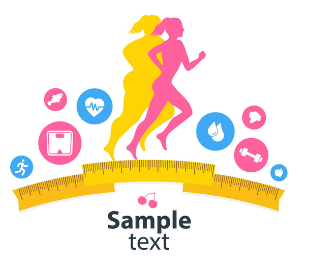 Weight loss. The influence of diet on the weight of the person. Young woman before and after diet and fitness. Weight loss concept. Fat and thin woman. Blank space for your content, template. - Vector, Image