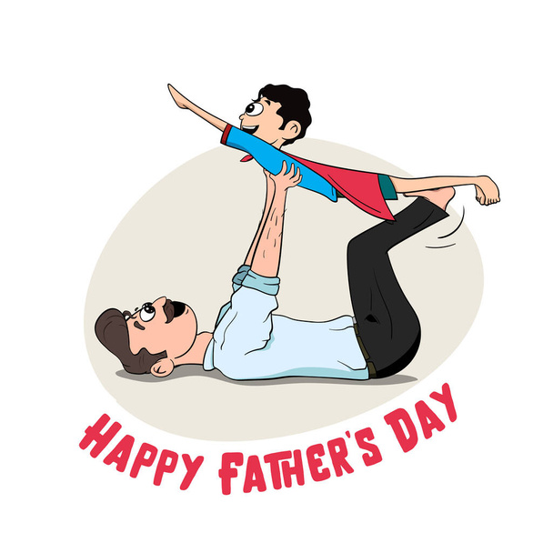 Happy Father's Day Vector Graphic. Kids playing with father. Father dressed as a superhero with a cape. Kid imitating father with mustache. Father holding baby girl in hands.  - Vector, Image
