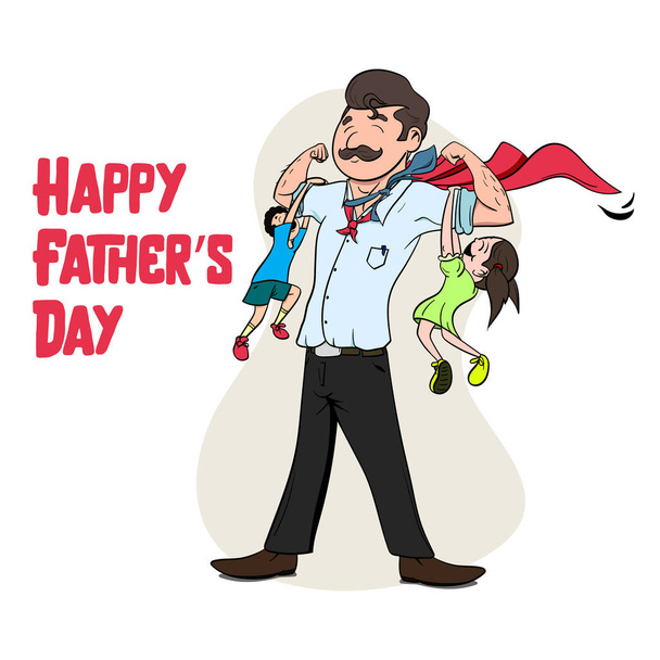 Boldog Apák Napi Vektor Grafikát. Gyerekek játszanak apával. Apám szuperhősnek öltözött köpenyben. A kölyök bajusszal utánozza apát. Apa fogja a kislányt a kezében..  - Vektor, kép