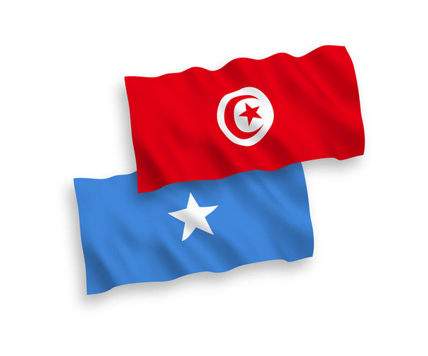 Narodowe flagi tkanin wektorowych Republiki Tunezji i Somalii odizolowane na białym tle. Proporcja 1 do 2. - Wektor, obraz