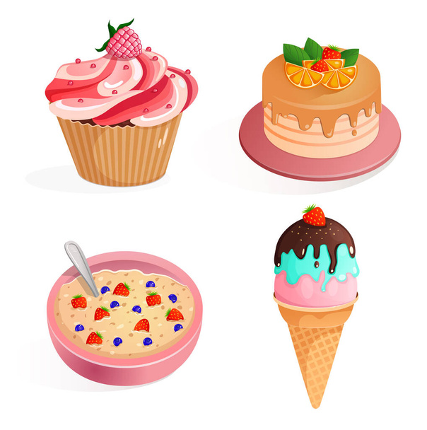 Set of vector illustrations of cupcake with raspberries, birthday cake with strawberries and orange, oatmeal with berries, ice cream with strawberries. Collection of sweet dessert elements. 2D - Vector, Image