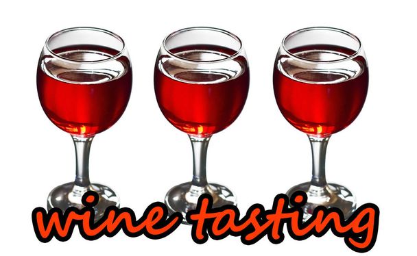 Τρία ποτήρια κόκκινο κρασί και το κείμενο "Δοκιμάζοντας το κρασί". - Φωτογραφία, εικόνα