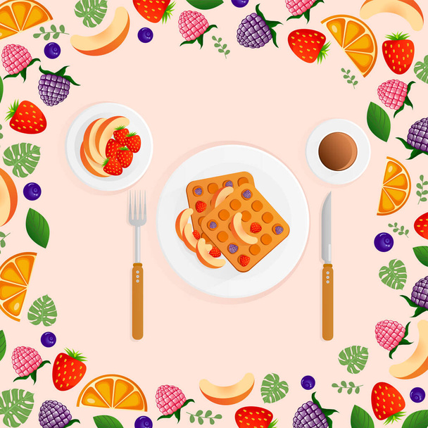 Векторная иллюстрация завтрака с вафлями и ягодами на розовом фоне. Бельгийские вафли для открытки, фон. Мультипликация. Элементы сладкого десерта. Вкусный завтрак. - Вектор,изображение
