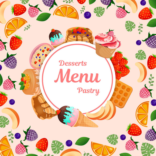 Ronde lijst met zoetigheden, gebak, bessen en fruit met de inscriptie Desserts Menu Gebak voor uw cafe ontwerp op een roze achtergrond. Vector illustratie. Gezond voedselconcept. - Vector, afbeelding