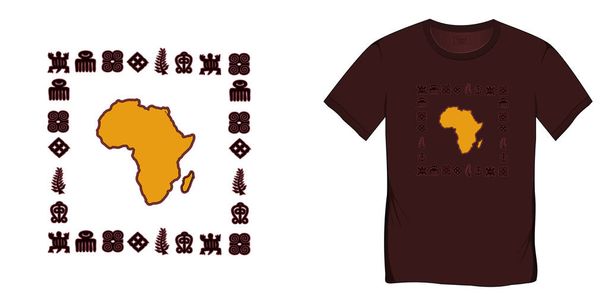 Projekt graficzny koszulki, mapa Afryki z symbolami Adinkry, afrykańskie hieroglify, odizolowany na białym tle - Zdjęcie, obraz