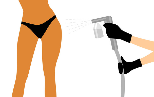 Hands in black gloves with a black spray tan machine sprays tan on a woman's body in black bikini. Vector illustration of auto tanning procedure - Vector, Image