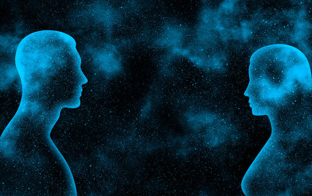 Weibliche und männliche strahlende Silhouetten auf einem Hintergrund aus blauem Sternenuniversum - Foto, Bild