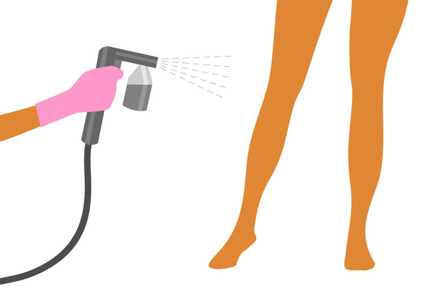 Hand in Hand sprüht ein rosafarbener Handschuh mit einem grauen Spray-Bräunungsgerät Bräune auf die Beine einer Frau. Vektorillustration des automatischen Bräunungsverfahrens - Vektor, Bild