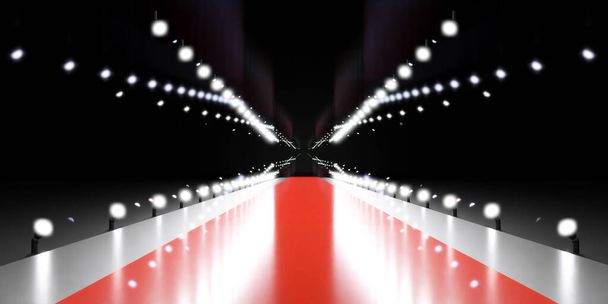 Rode loper op zwarte achtergrond met verlichting en reflecties 3d weergave illustratie - Foto, afbeelding