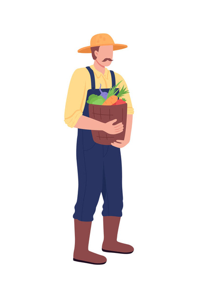 Caucasian farmer with bucket of vegetables flat color vector faceless character. Gathering crop, harvest. Essential worker isolated cartoon illustration for web graphic design and animation - Vektor, obrázek