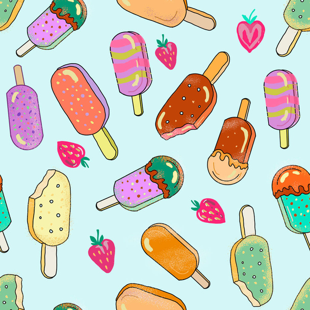 Ice cream dessert graphic illustration hand drawn print textile sweets summer ice patern seamless - Foto, Imagen