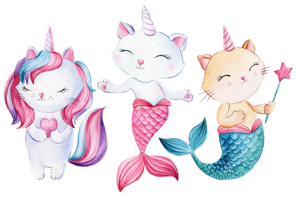 Gatitos divertidos, gato-sirena y gato-unicornio sobre un fondo blanco aislado. Dibujo de acuarela, ilustración de niños - Foto, imagen