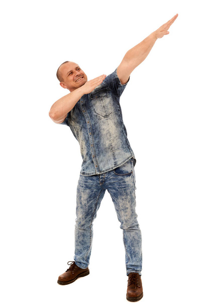 Businessman in a celebratory mood, dabbing isolated on white background - Photo, Image
