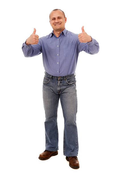 Happy caucasian businessman in full length showing thumbs up sign, isolated on white background - Foto, Imagem