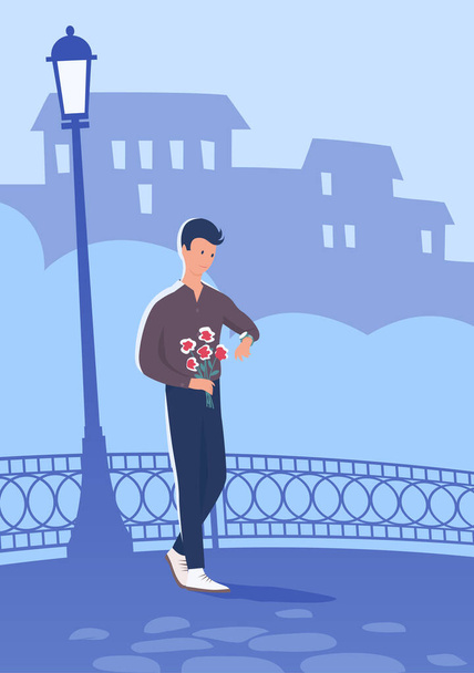 A young handsome man with flowers is waiting for his girlfriend. Looks at his watch. In the background is a romantic evening cityscape. Vector cartoon illustration - Vector, Image