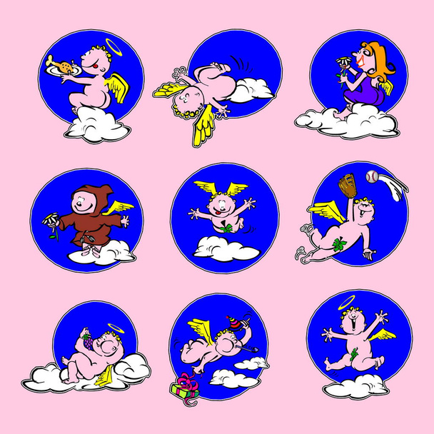 Aufkleber Engel setzen Ikonen, Sammlungsgegenstände Zeichen. Amur-Set mit Figuren in Bewegung - Vektor, Bild