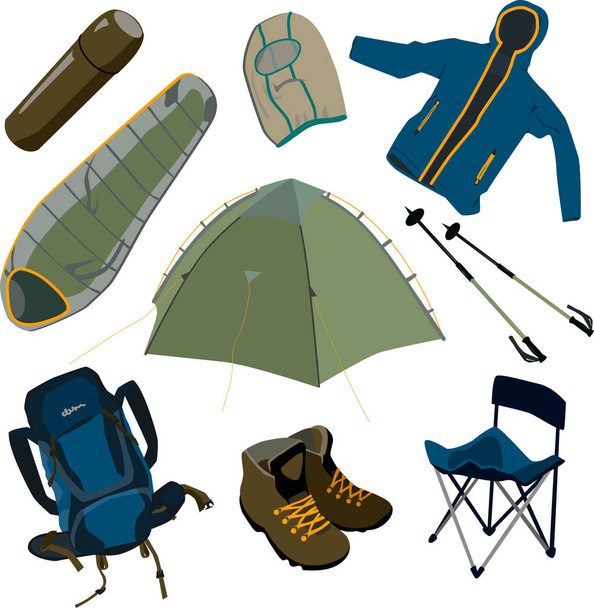 屋外機器、キャンプ、ハイキングアイテムのベクトルオブジェクトセット:寝袋、テント、バックパック、観光魔法瓶、トレッキングポール、ブーツ、キャンプチェア、屋外ウェア - ベクター画像