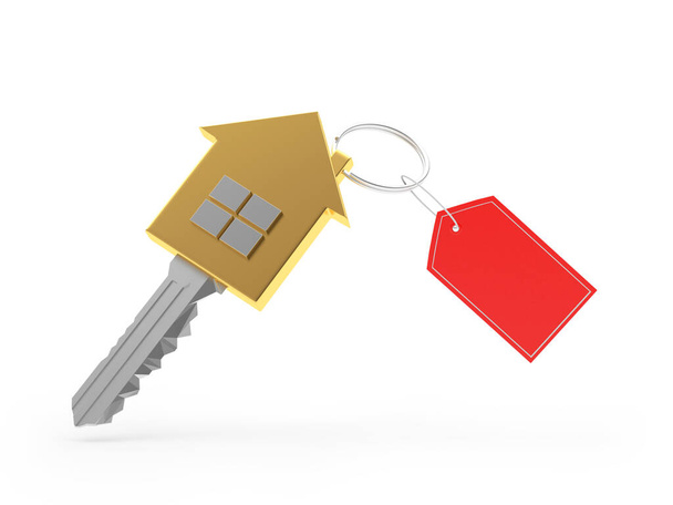 Hausschlüssel mit rotem Etikett. 3D-Illustration  - Foto, Bild