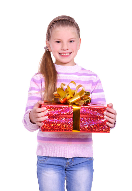 Beautiful smiling girl with a gift. isolated on white - Φωτογραφία, εικόνα