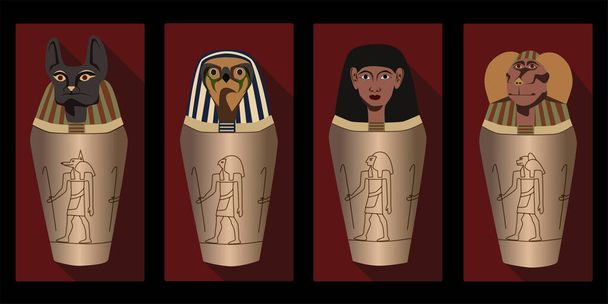 Κανοπικά βάζα - αρχαία αιγυπτιακά στοιχεία που χρησιμοποιούνται για μουμιοποίηση. έγχρωμη διανυσματική απεικόνιση. - Διάνυσμα, εικόνα