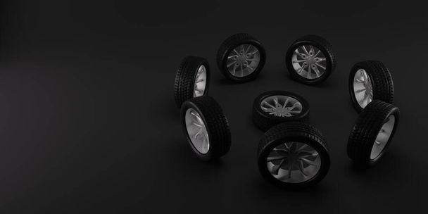 Räder beschreiben eine kreisförmige Bewegung um ein anderes Rad. Kreisverkehr auf dunkelgrauem Grund. 3D-Illustration - Foto, Bild