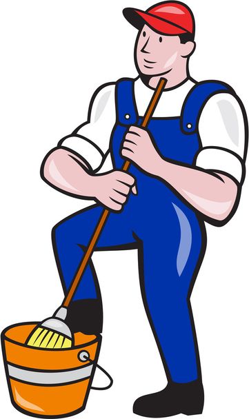 Janitor Cleaner Holding Mop Secchio Cartone animato
 - Vettoriali, immagini