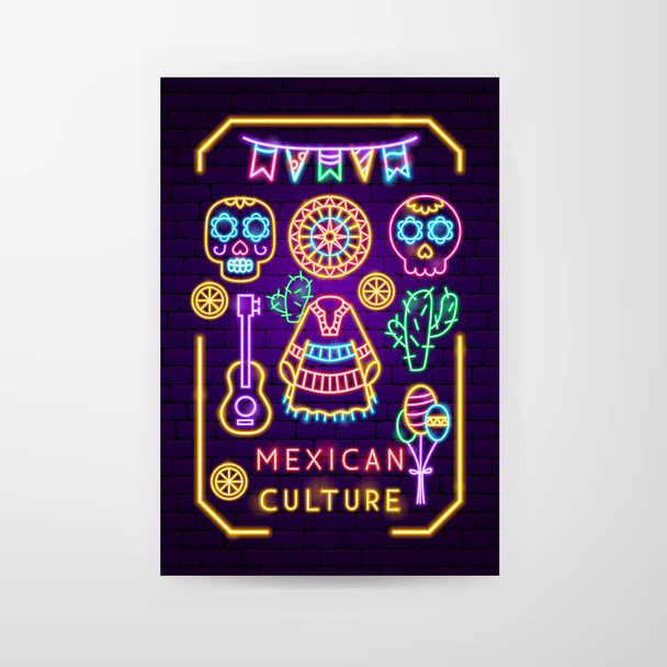 Mexikói kultúra Neon Flyer - Vektor, kép