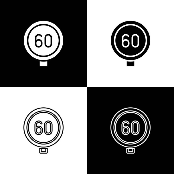 Установить ограничение скорости дорожного знака 60 км значок изолирован на черно-белом фоне. Вектор - Вектор,изображение
