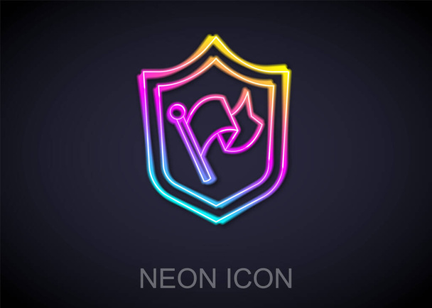 Glowing neon line Shield with flag icon isolated on black background. Victory, winning and conquer adversity concept.  Vector - Vector, Image