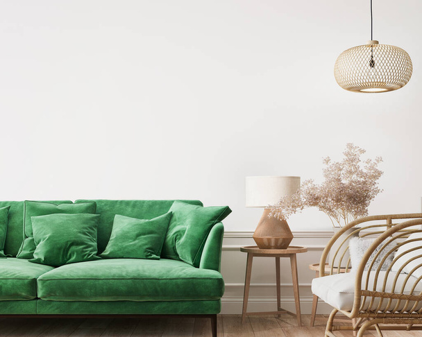 Home interieur mockup, groene comfortabele bank op lege witte muur met houten meubels, 3d render - Foto, afbeelding