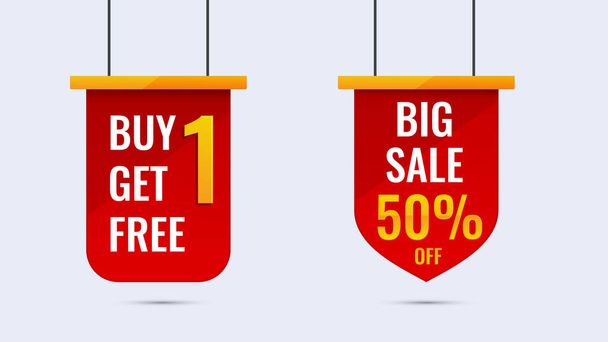 Promotion sale label, sticker, banner template. Design with like a hanging flag in red color. Vector illustration. - Vector, Image