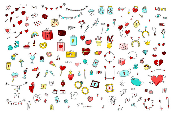 Gran día de San Valentín Doodle conjunto. Símbolo de amor dibujado a mano aislado sobre fondo blanco. Lindas tarjetas de felicitación, sobres, regalos, accesorios con corazones. Globos, mensaje, signo de flores. Ilustración vectorial - Vector, imagen