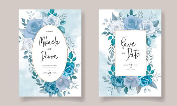 Mavi çiçekli modern düğün davetiyesi - Vektör, Görsel
